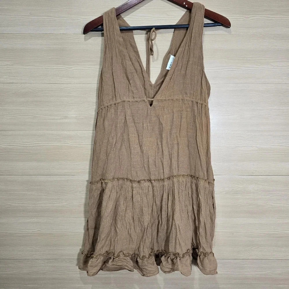 Solai The Label Dress Womens Size Large Tiered Mini Plunging V-Neck Camel Brown - Picture 2 of 9